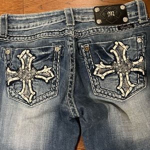 Miss Me brand jeans with bedazzled embroidered cross pockets